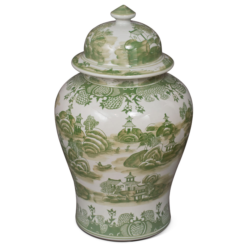 22 Inch Green Chinoiserie Scenery Motif Porcelain Ginger Jar