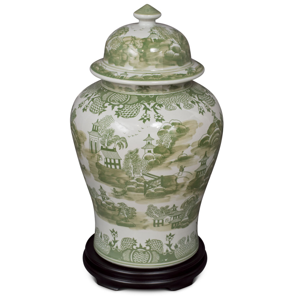 22 Inch Green Chinoiserie Scenery Motif Porcelain Ginger Jar