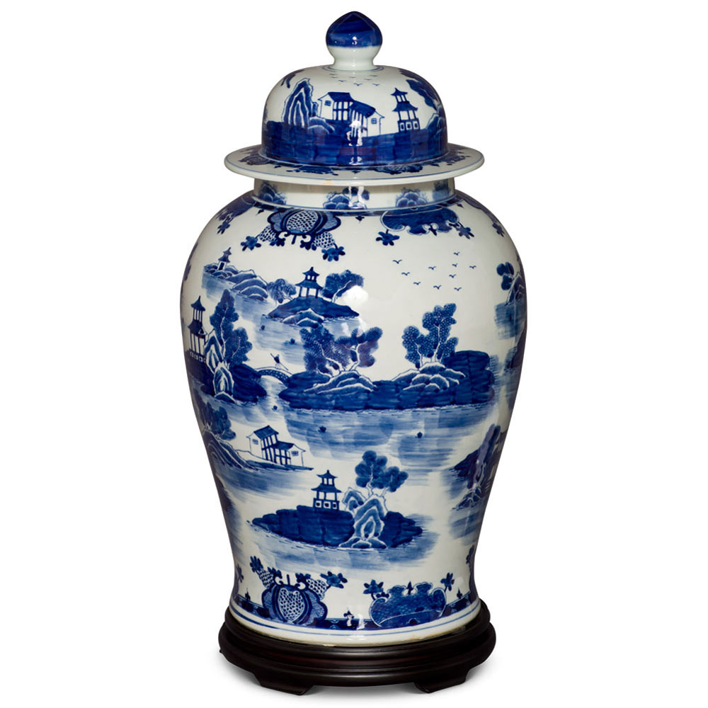 23.5 Inch Blue & White Scenery Motif Porcelain Ginger Jar