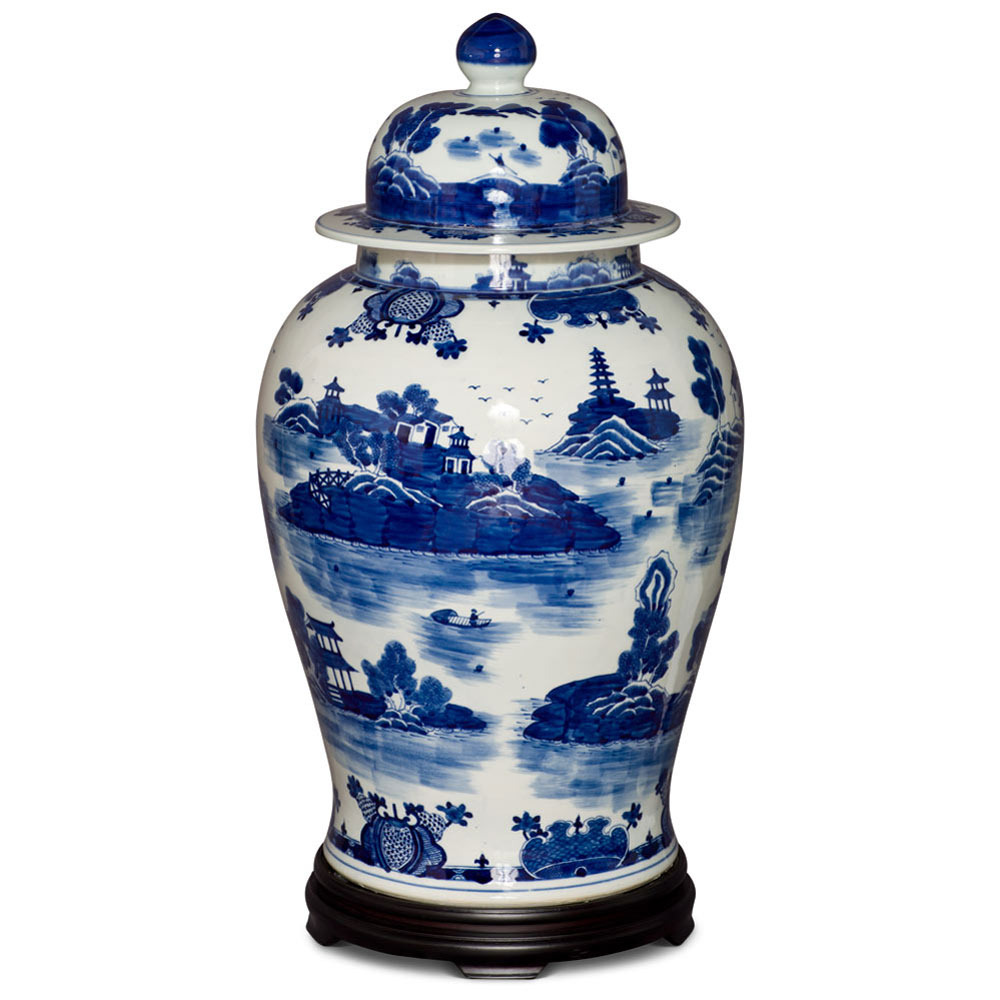 23.5 Inch Blue & White Scenery Motif Porcelain Ginger Jar