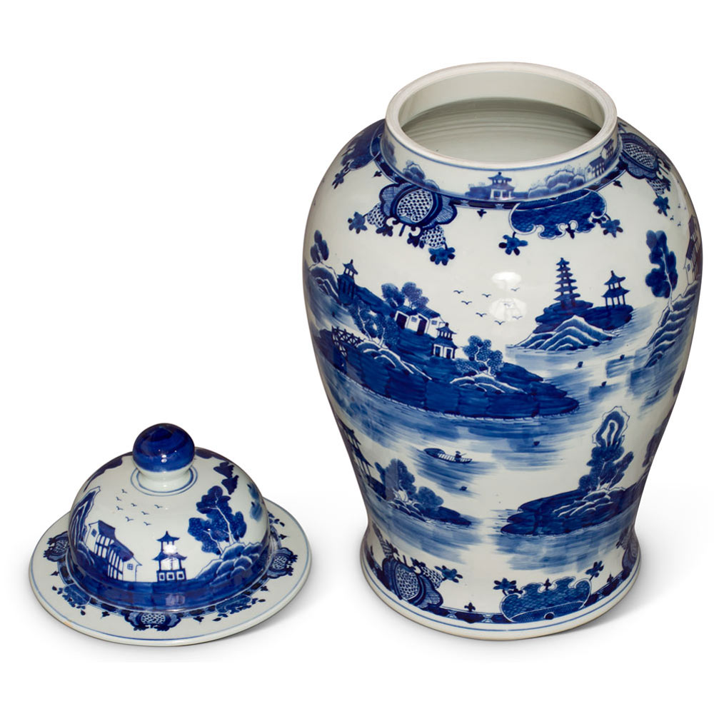 23.5 Inch Blue & White Scenery Motif Porcelain Ginger Jar