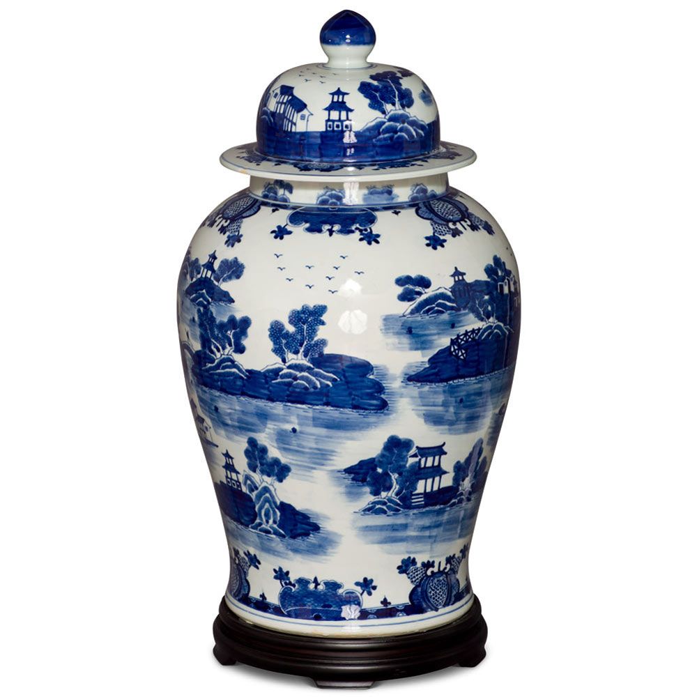 23.5 Inch Blue & White Scenery Motif Porcelain Ginger Jar