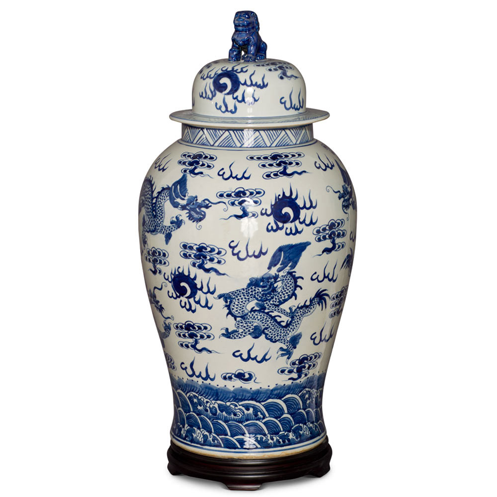 29 Inch Blue & White Porcelain Dragon Motif Ginger Jar