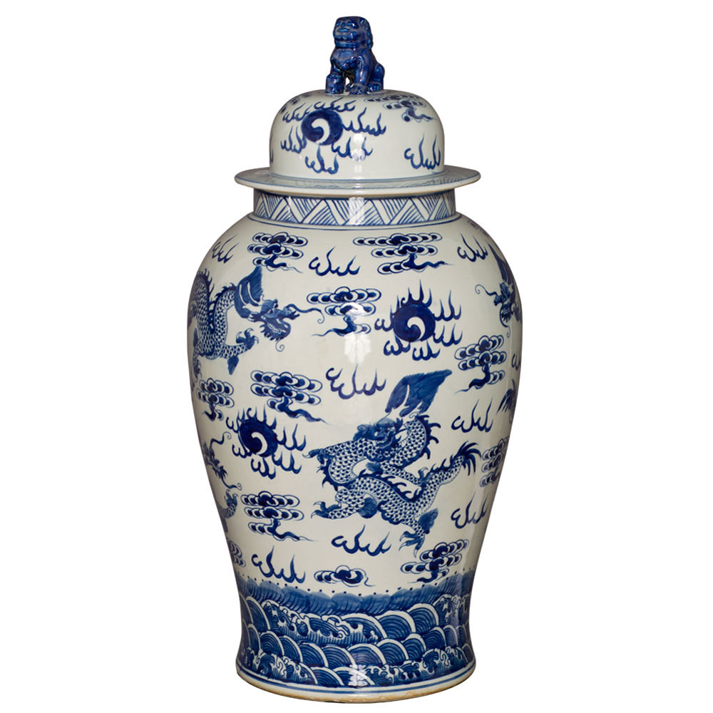 29 Inch Blue & White Porcelain Dragon Motif Ginger Jar