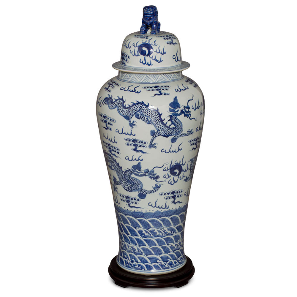 39in Blue and White Porcelain Dragon Motif Ginger Jar