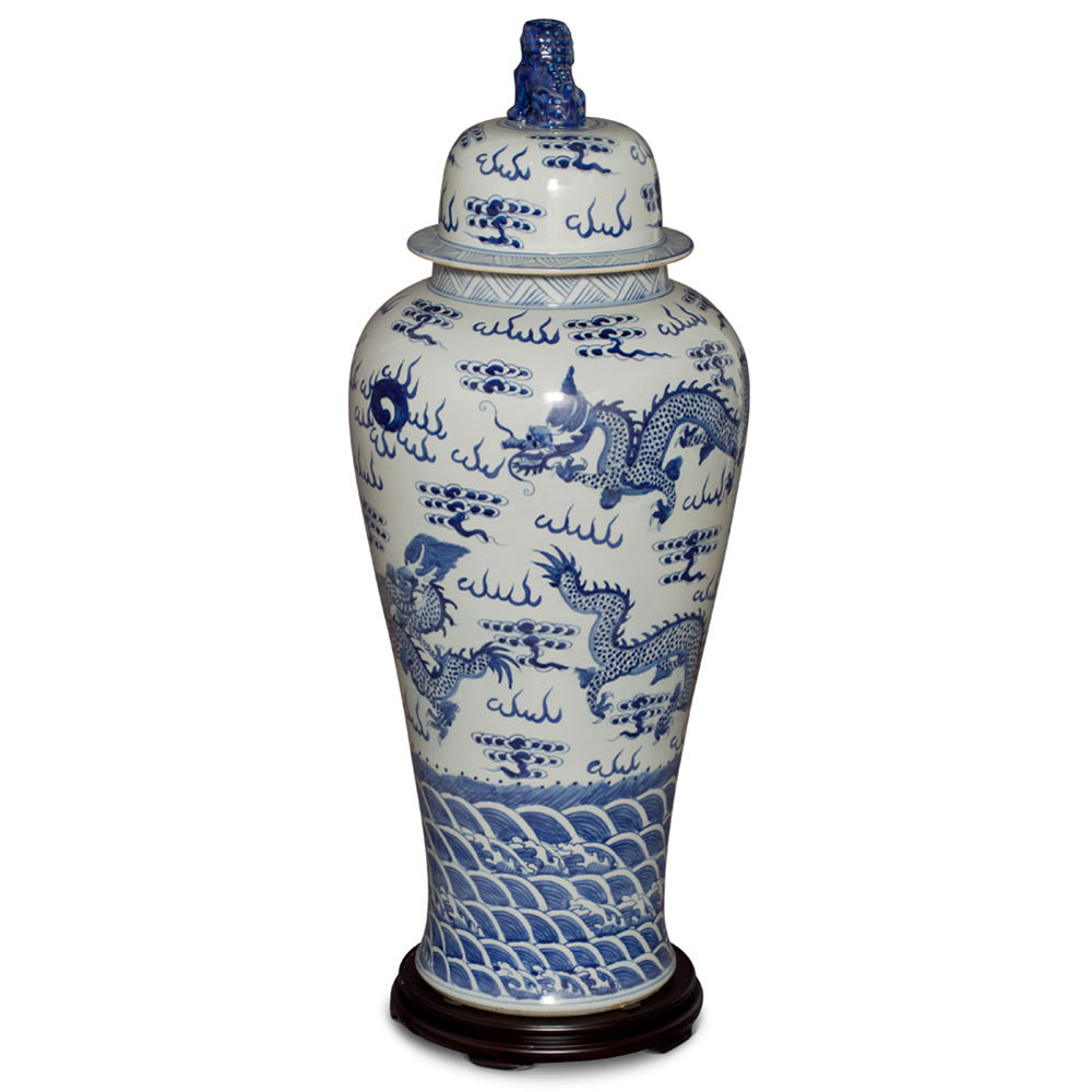 39in Blue and White Porcelain Dragon Motif Ginger Jar