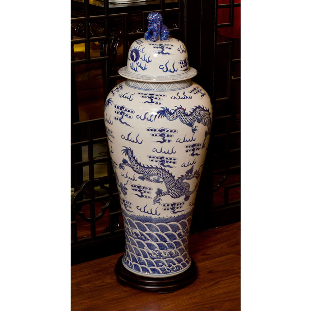 39in Blue and White Porcelain Dragon Motif Ginger Jar