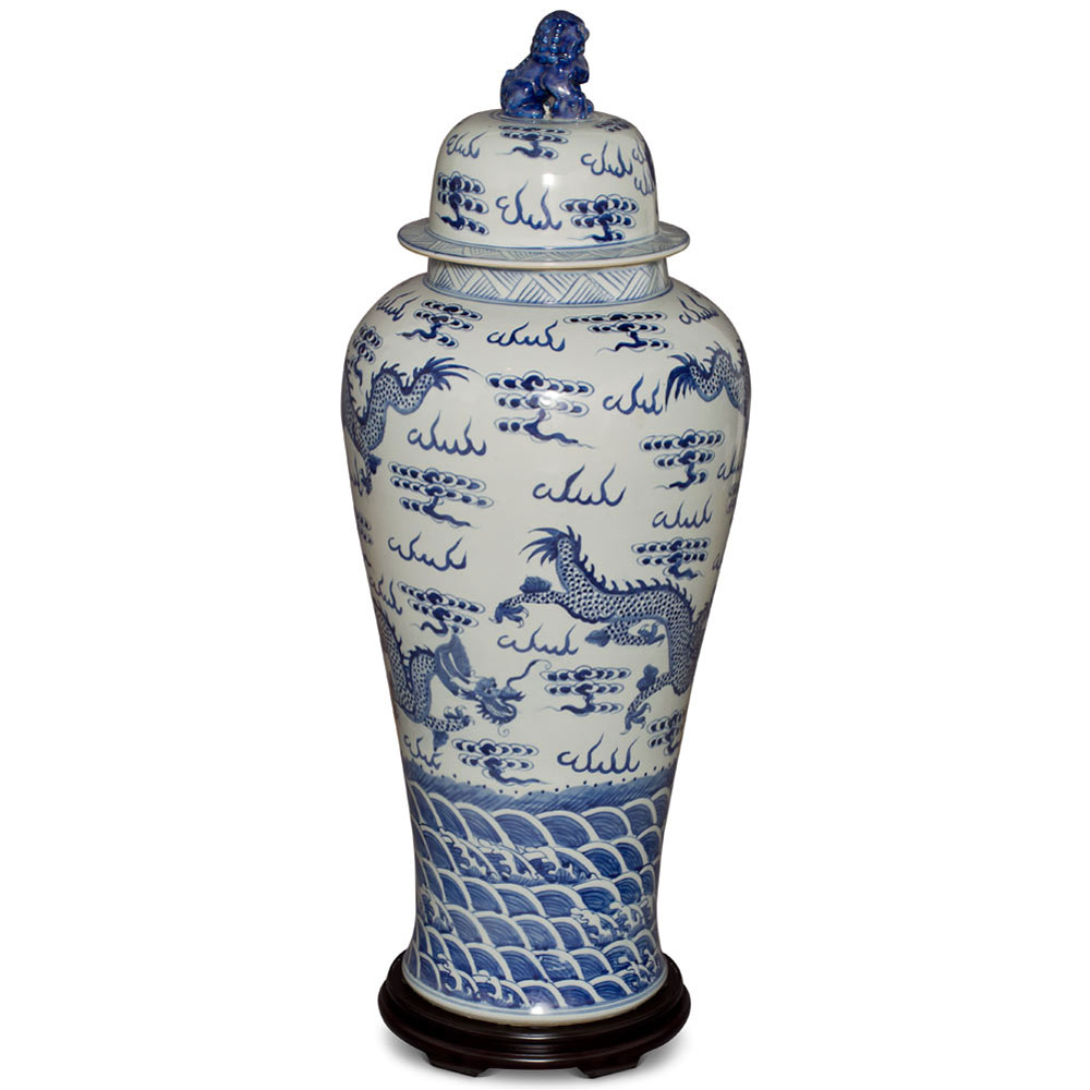 39in Blue and White Porcelain Dragon Motif Ginger Jar