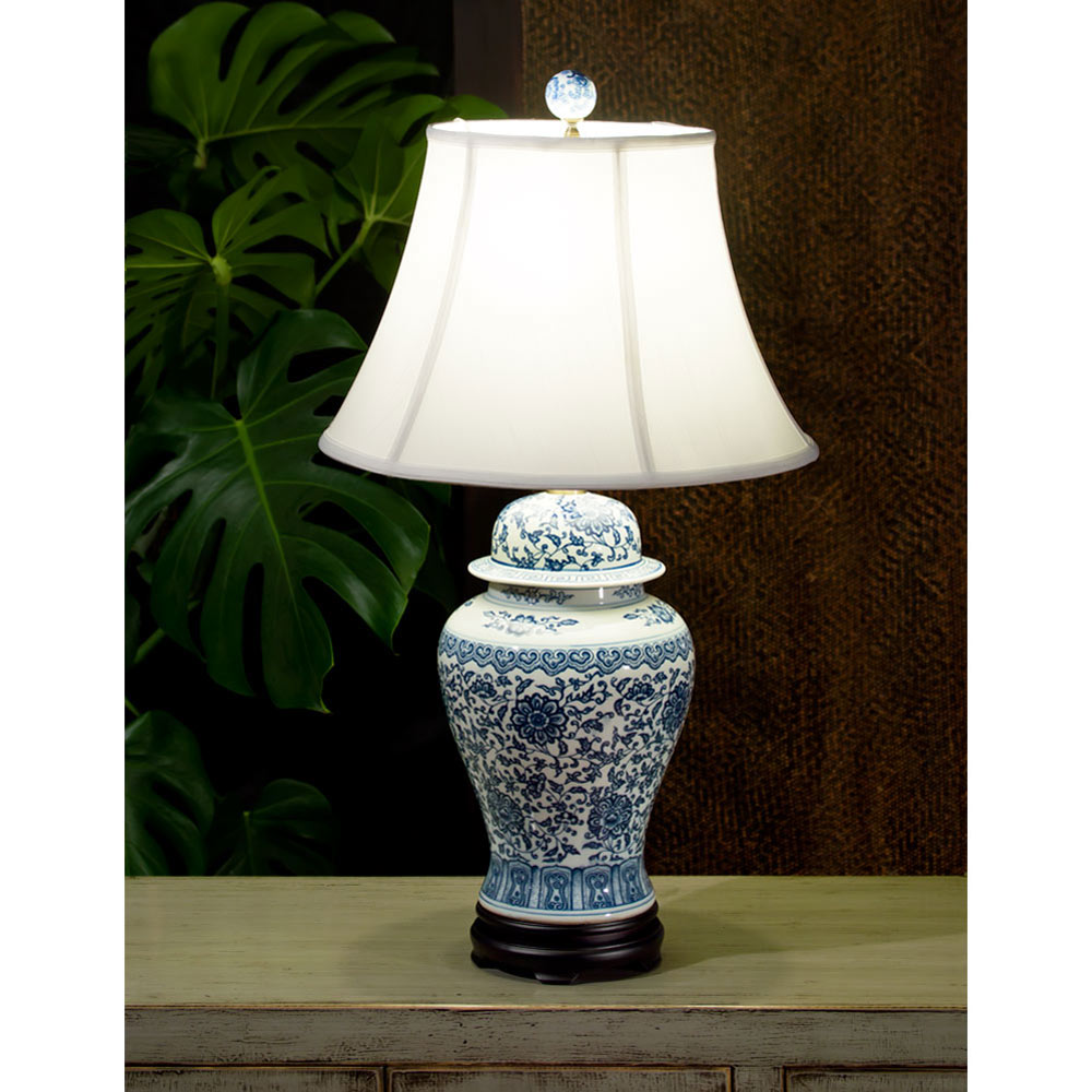 Blue and White Peony Motif Asian Porcelain Lamp