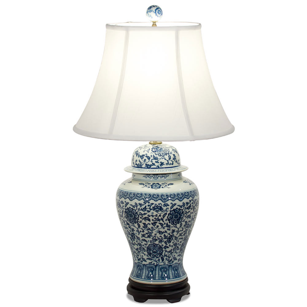 Blue and White Peony Motif Asian Porcelain Lamp