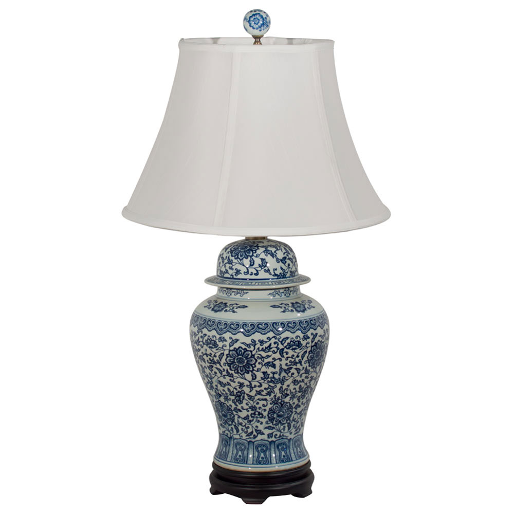 Blue and White Peony Motif Asian Porcelain Lamp