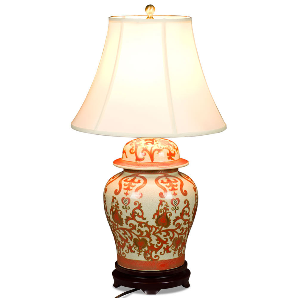 Red and Gold Floral Vine Motif Asian Temple Jar Porcelain Lamp