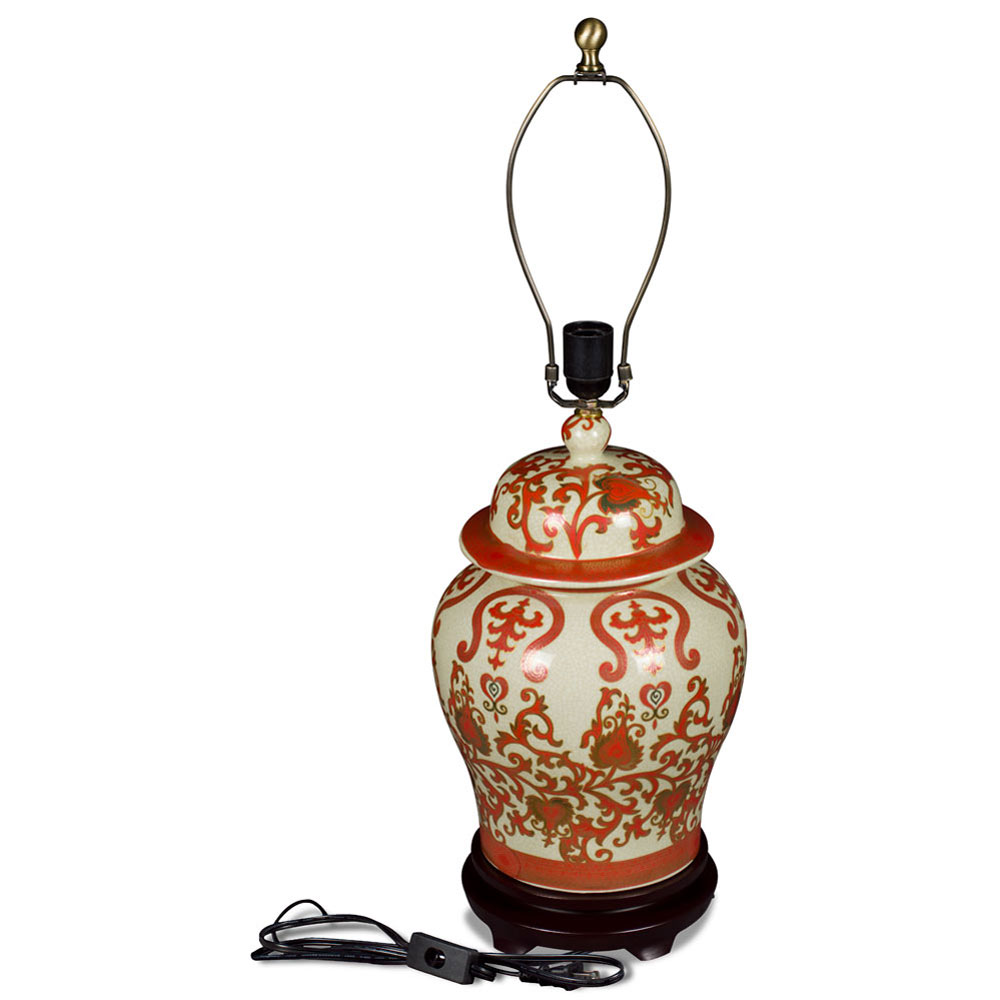 Red and Gold Floral Vine Motif Asian Temple Jar Porcelain Lamp