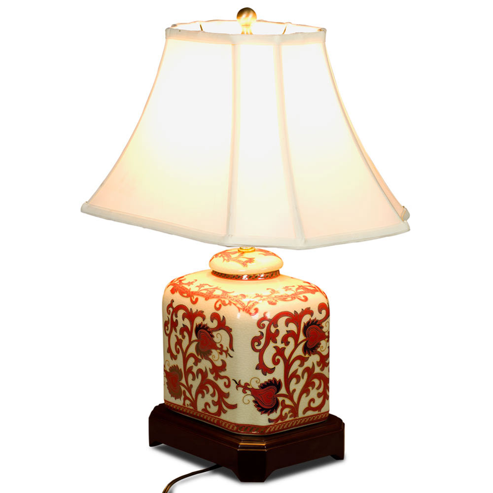 Red and Gold Floral Vine Motif Rectangular Asian Porcelain Jar Lamp