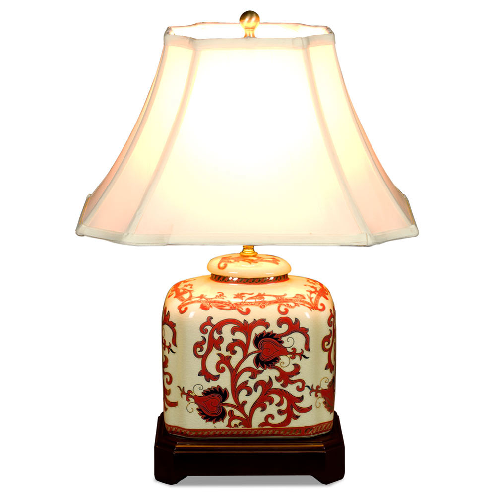 Red and Gold Floral Vine Motif Rectangular Asian Porcelain Jar Lamp