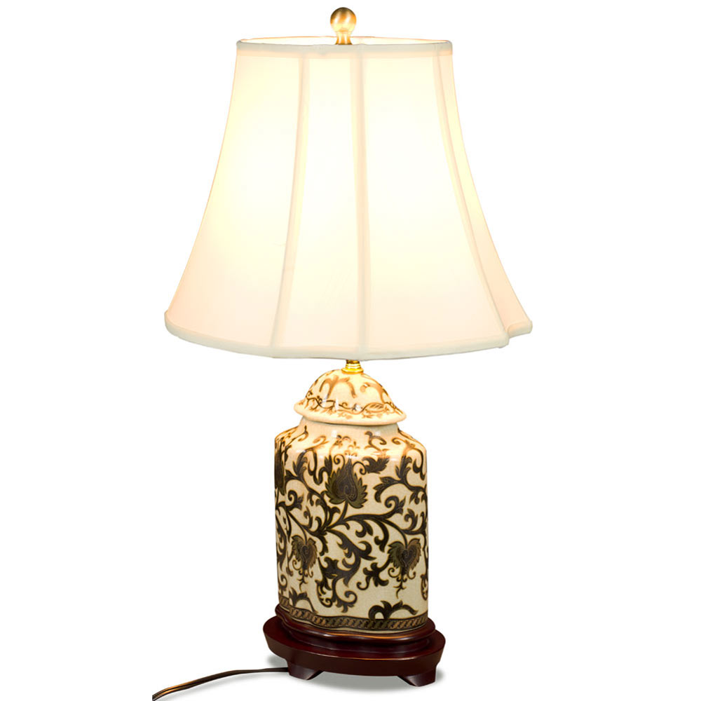 Black and Gold Floral Vine Motif Asian Porcelain Lamp