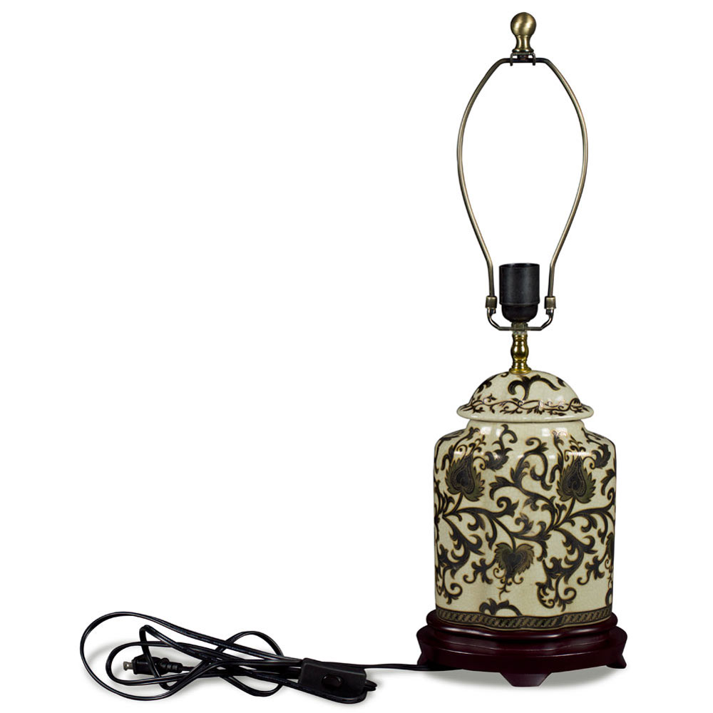 Black and Gold Floral Vine Motif Asian Porcelain Lamp