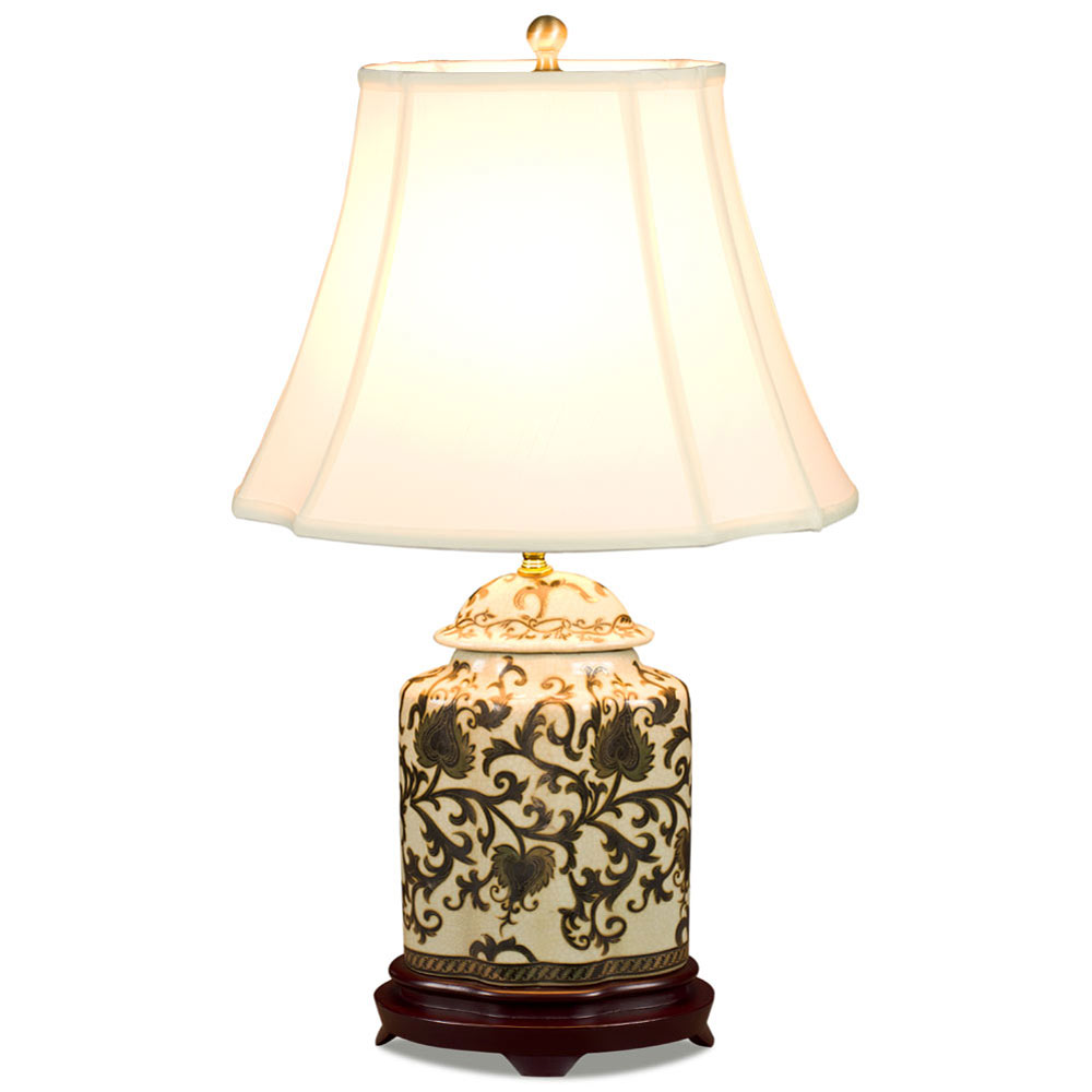 Black and Gold Floral Vine Motif Asian Porcelain Lamp