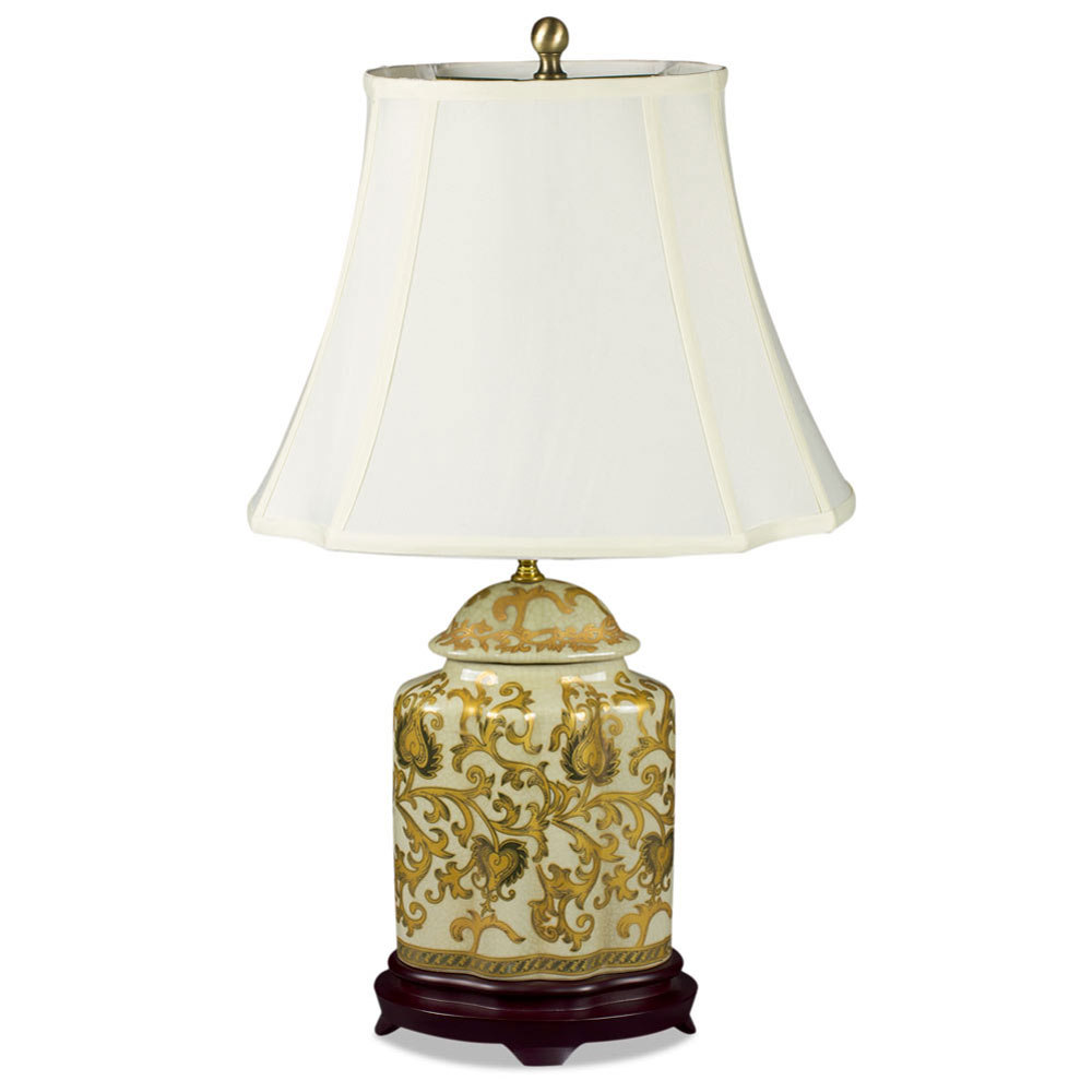 Gold Floral Vine Motif Asian Porcelain Lamp