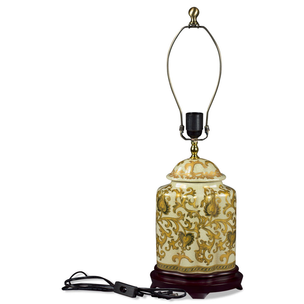 Gold Floral Vine Motif Asian Porcelain Lamp