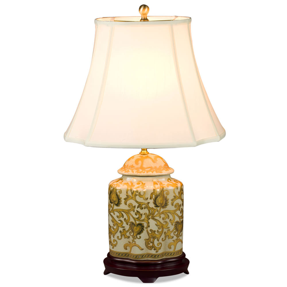 Gold Floral Vine Motif Asian Porcelain Lamp