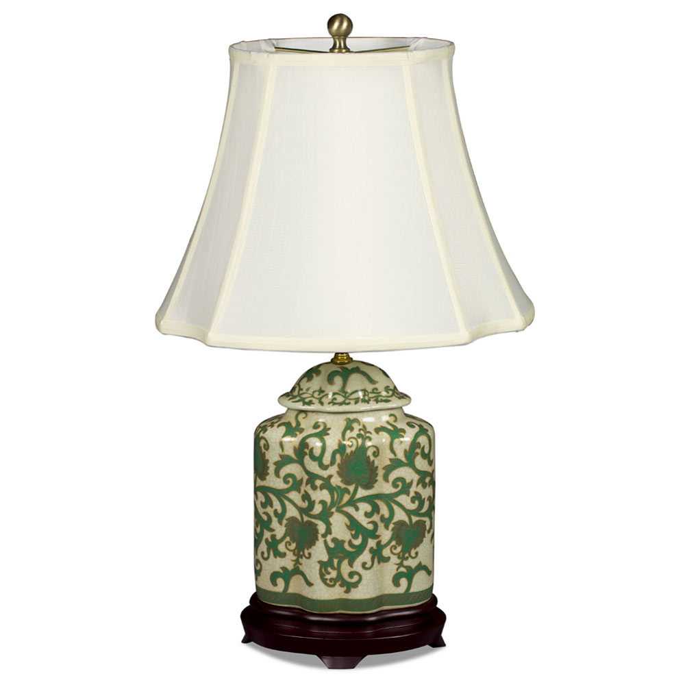 Green and Gold Floral Vine Motif Asian Porcelain Lamp