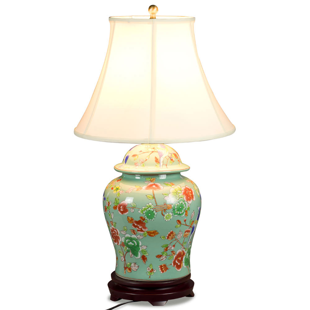 Light Teal Green Flower and Bird Motif Asian Porcelain Lamp