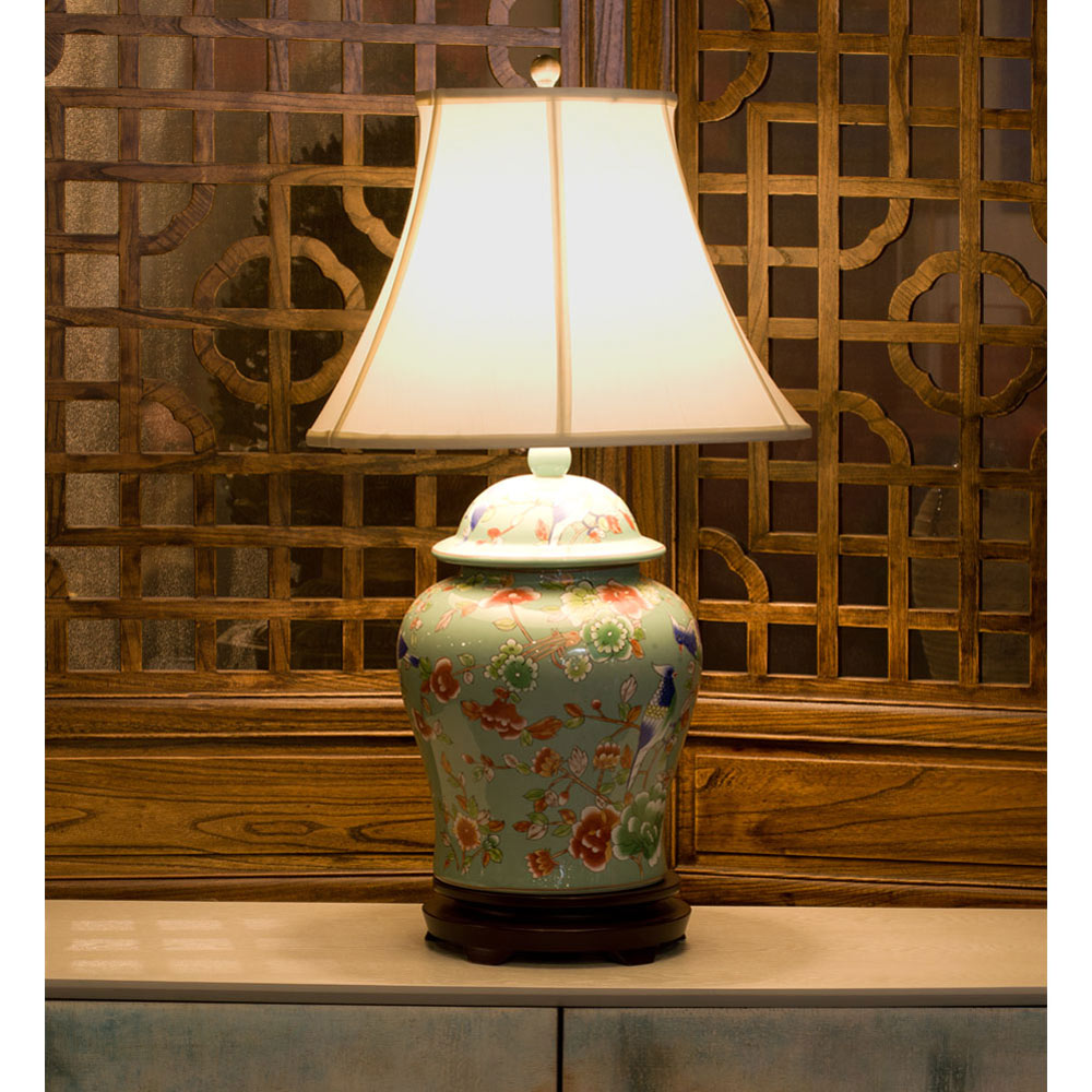 Light Teal Green Flower and Bird Motif Asian Porcelain Lamp