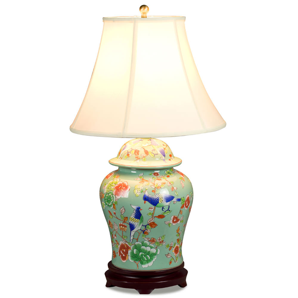 Light Teal Green Flower and Bird Motif Asian Porcelain Lamp