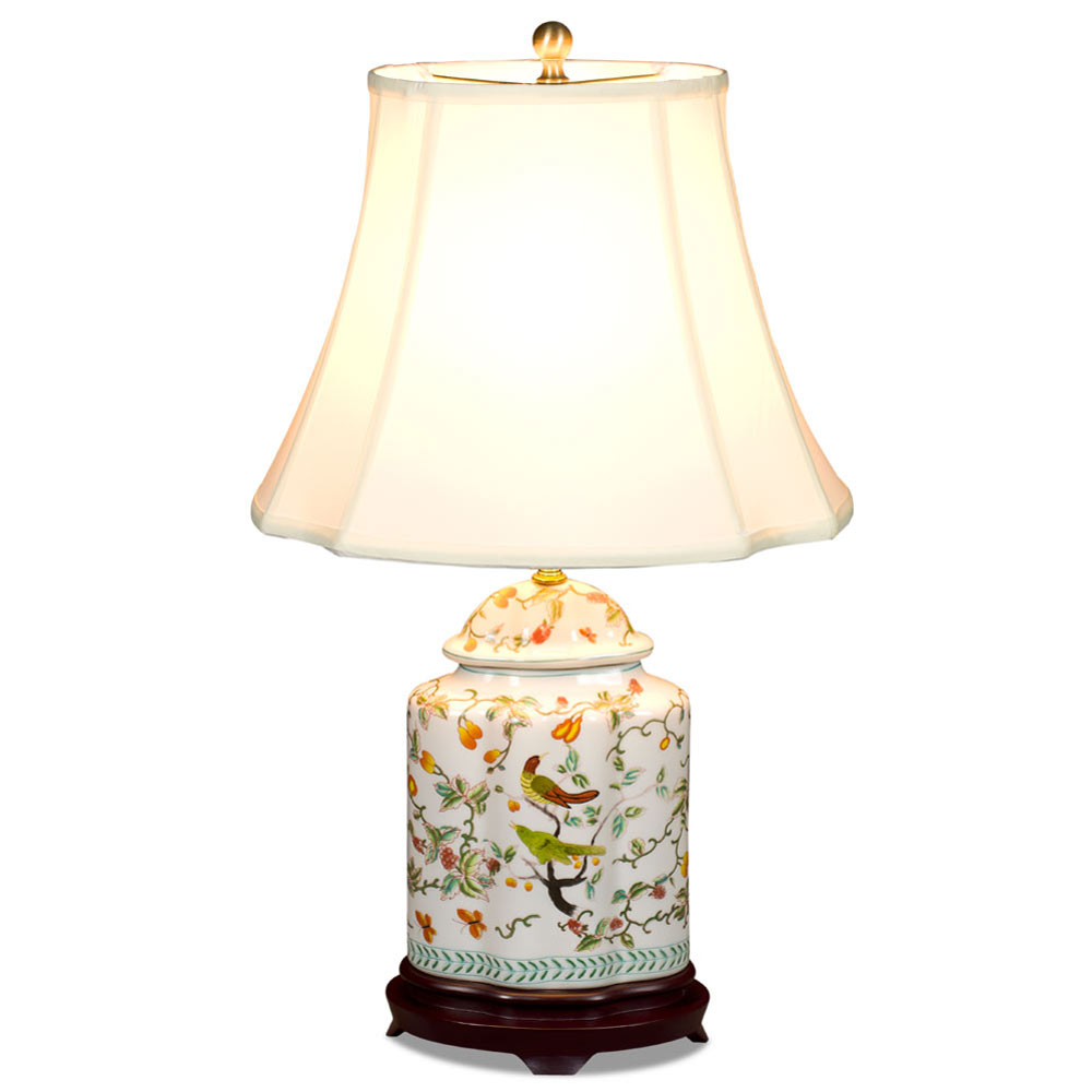 White Bird and Flower Motif Asian Porcelain Lamp