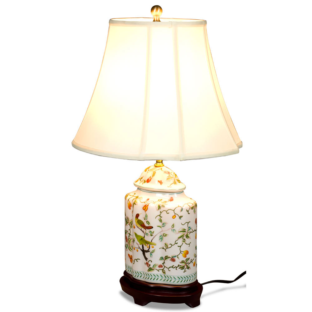 White Bird and Flower Motif Asian Porcelain Lamp