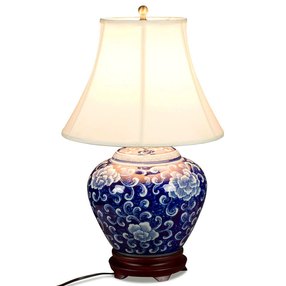 Blue and White Peony Motif Asian Porcelain Lamp