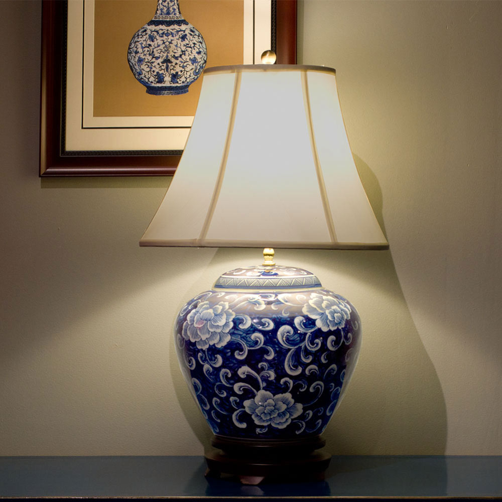 Blue and White Peony Motif Asian Porcelain Lamp