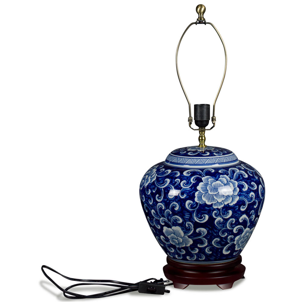 Blue and White Peony Motif Asian Porcelain Lamp