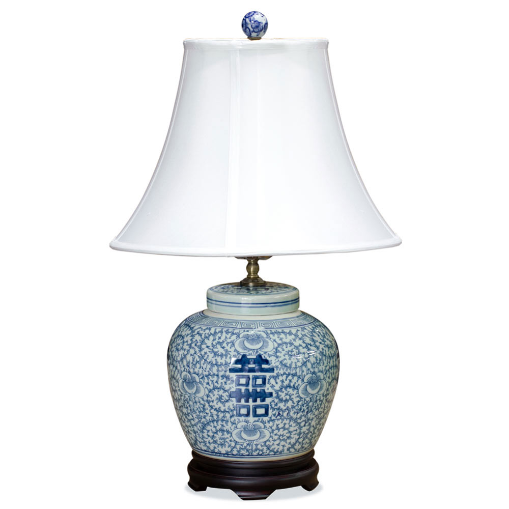 Blue and White Double Happiness Asian Porcelain Lamp