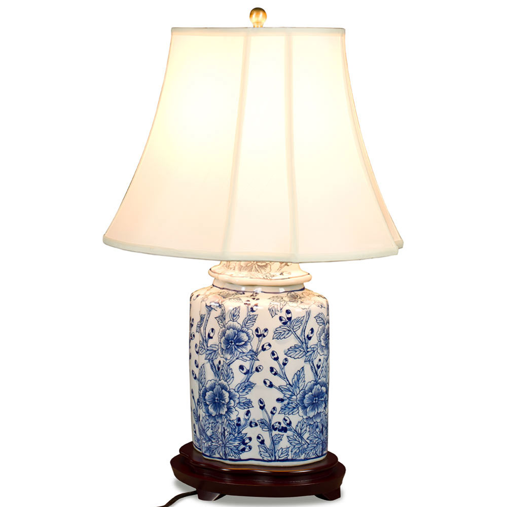 Blue and White Flower Motif Asian Porcelain Lamp