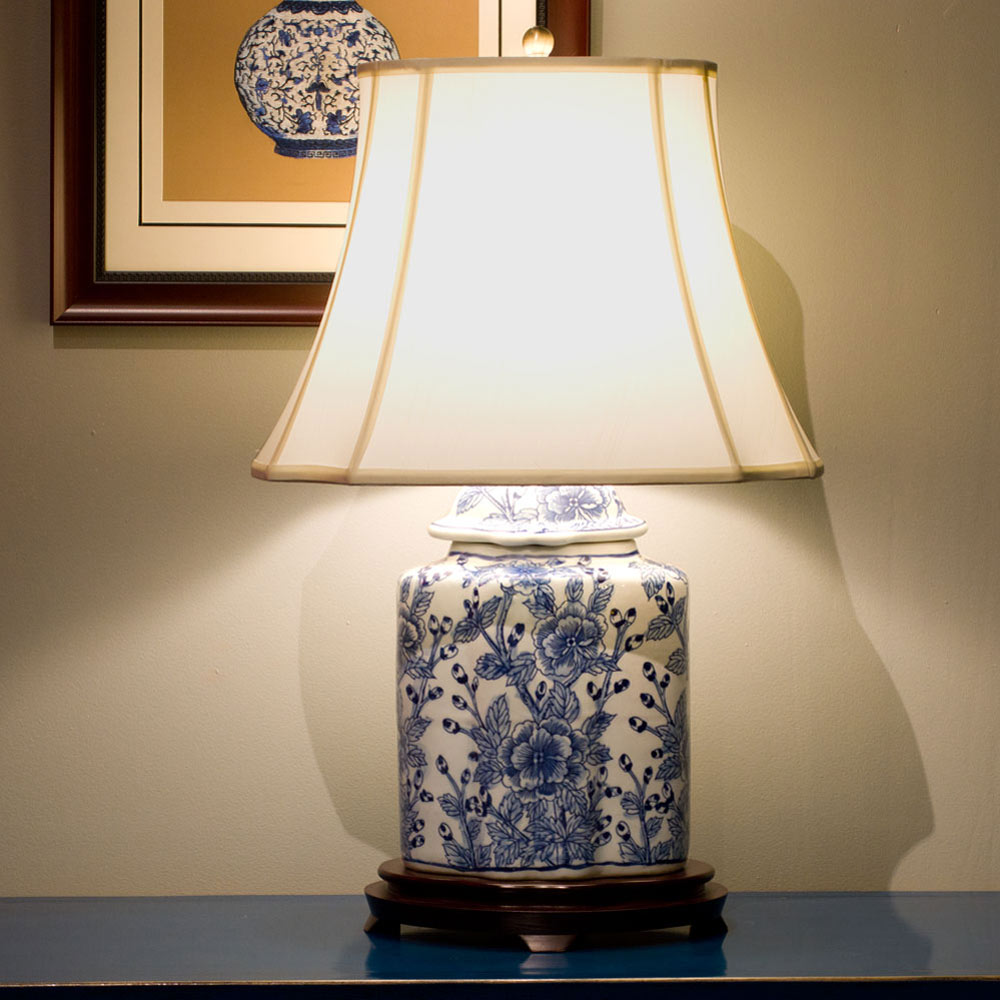 Blue and White Flower Motif Asian Porcelain Lamp