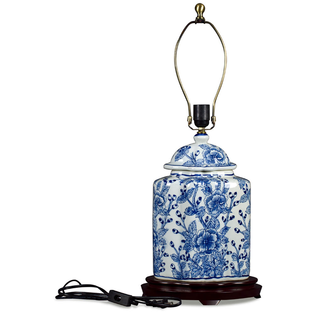 Blue and White Flower Motif Asian Porcelain Lamp