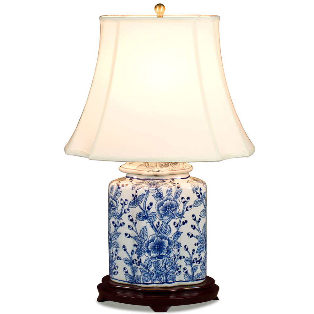 Blue and White Flower Motif Asian Porcelain Lamp