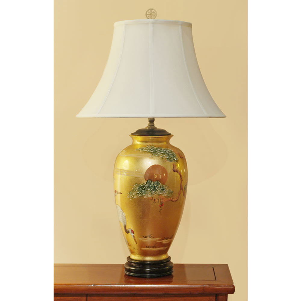 Gold Leaf Longevity Cranes Motif Chinese Ceramic Lamp