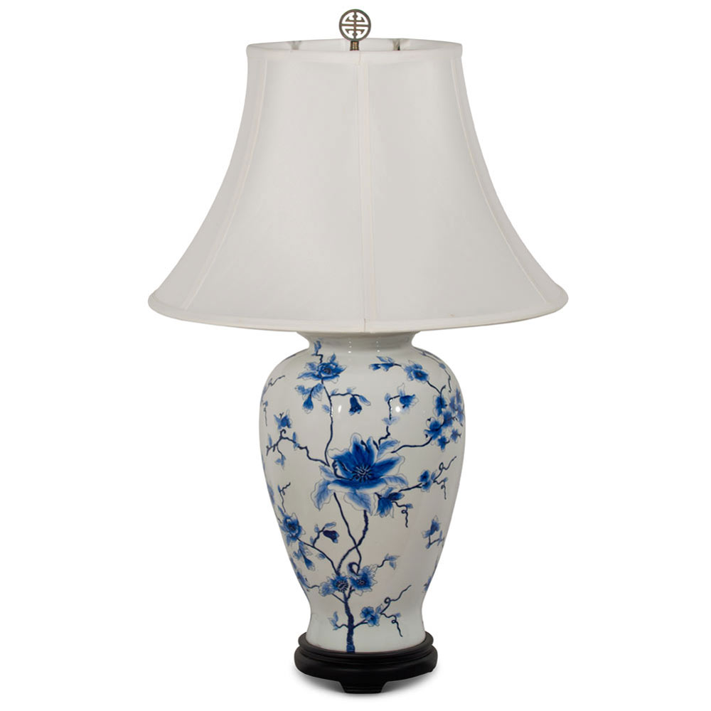 Blue and White Magnolia Motif Oriental Porcelain Lamp