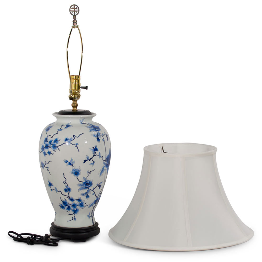 Blue and White Magnolia Motif Oriental Porcelain Lamp