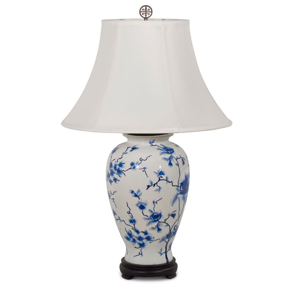 Blue and White Magnolia Motif Oriental Porcelain Lamp