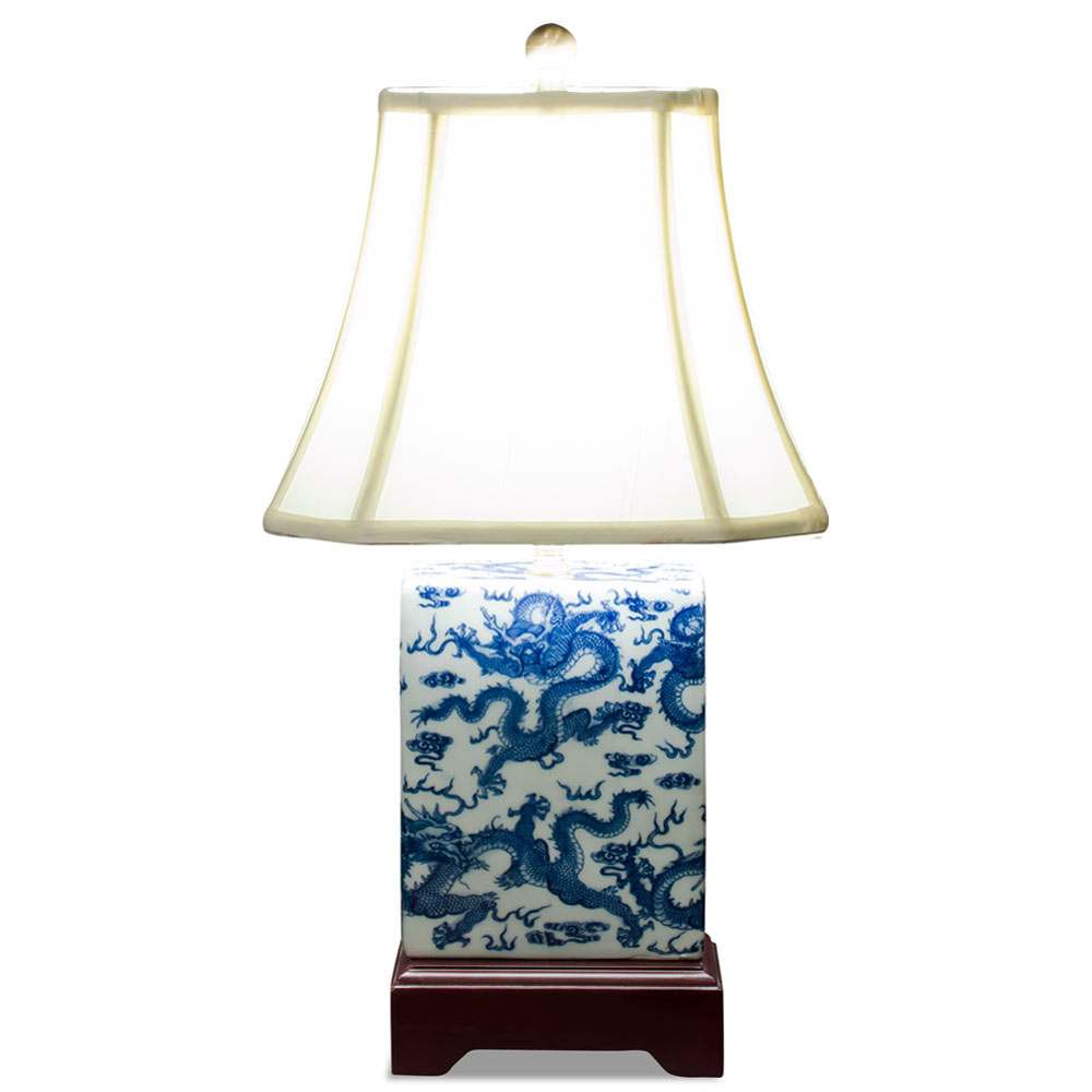 Blue and White Imperial Dragon Motif Asian Porcelain Lamp