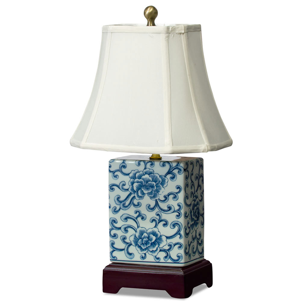 Blue and White Peony Motif Rectangular Asian Porcelain Lamp
