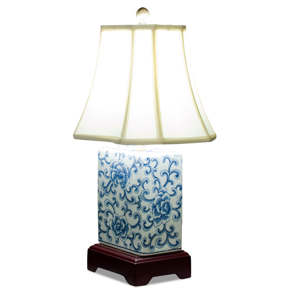 Blue and White Peony Motif Rectangular Asian Porcelain Lamp