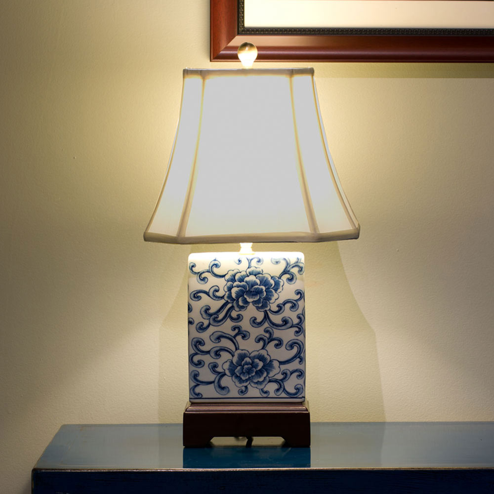 Blue and White Peony Motif Rectangular Asian Porcelain Lamp