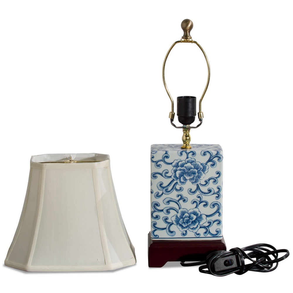 Blue and White Peony Motif Rectangular Asian Porcelain Lamp