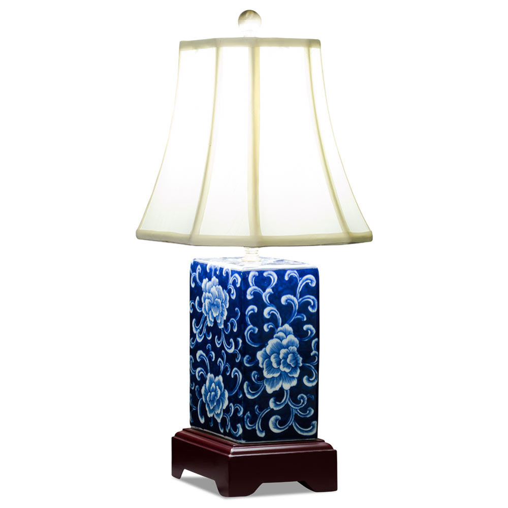 Dark Blue and White Peony Motif Rectangular Asian Porcelain Lamp