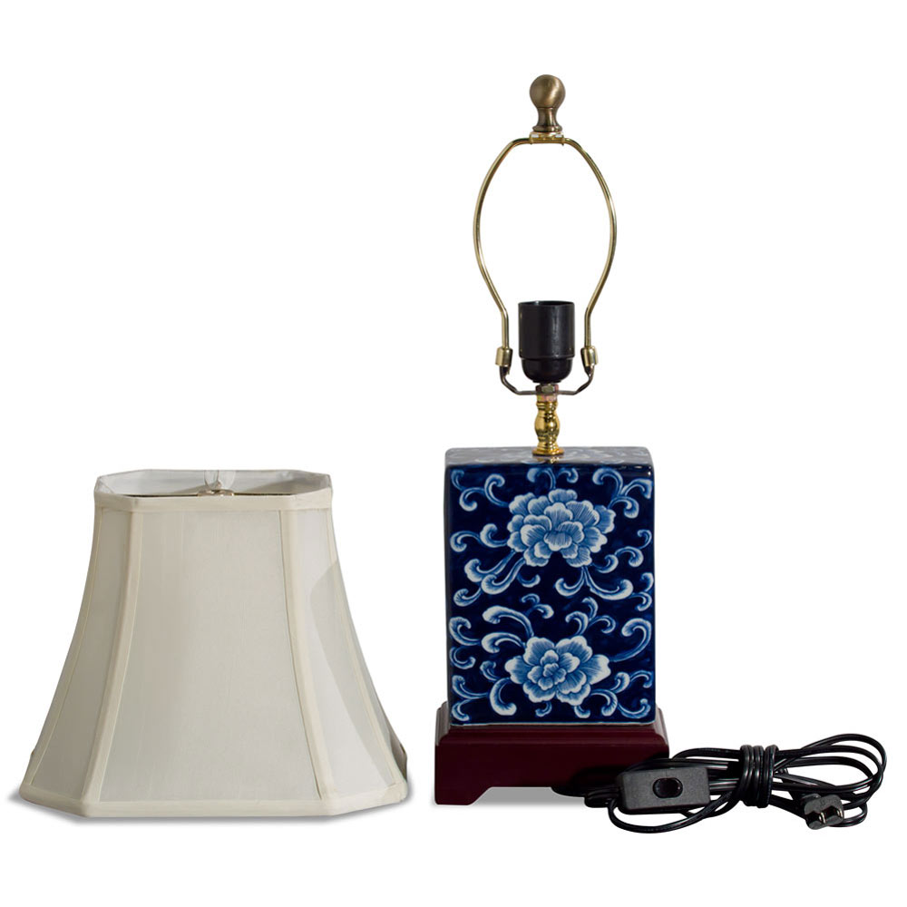 Dark Blue and White Peony Motif Rectangular Asian Porcelain Lamp